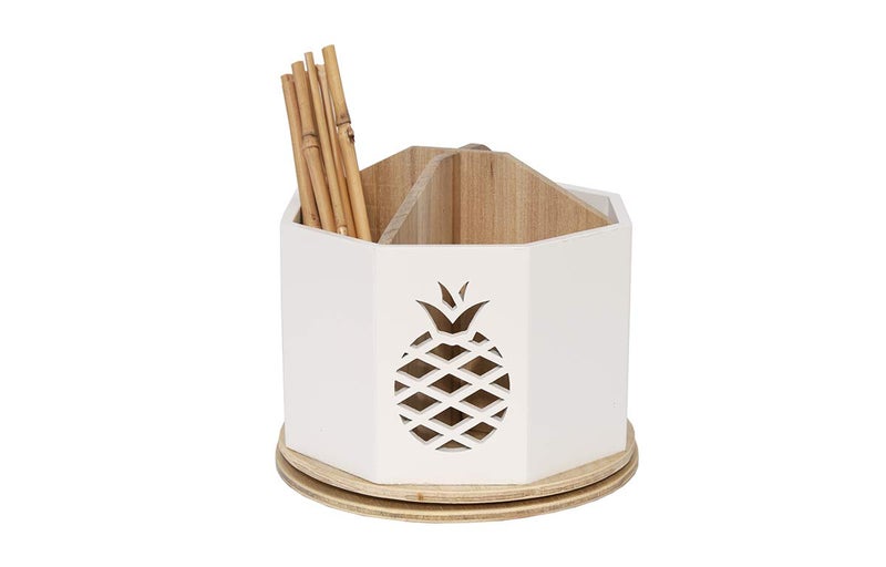 Designstyles Spinning Desktop Stationary Organizer â€“ Decorative Wooden Rotating Pen and Pencil Cup â€“ 4 Compartment White Desk and Table Top Office Supplies Station with Pineapple Cutout - by Designstyles - Image 4